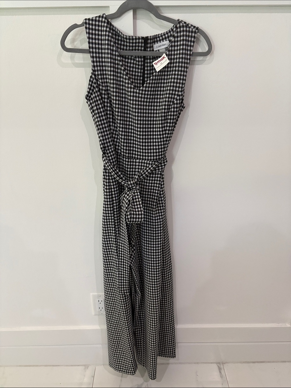 Calvin Klein Black & White Gingham Tie-Waist Sleeveless Jumpsuit